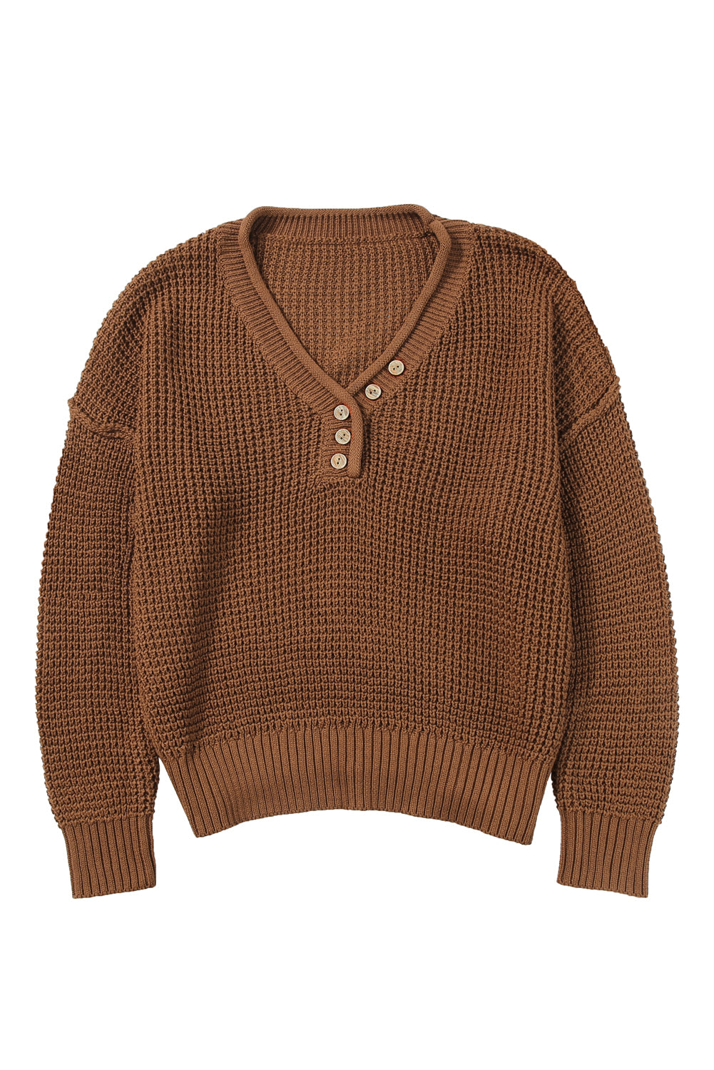 Pointelle Knit Button V Neck Drop Shoulder Sweater | Coffee