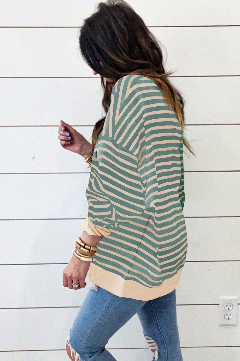 Colourblock Drop Shoulder Oversize Sweatshirt | Green Stripe