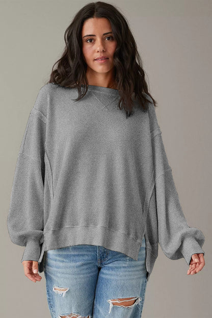 Waffle Knit Bishop Sleeve Split Oversized Top | Gray