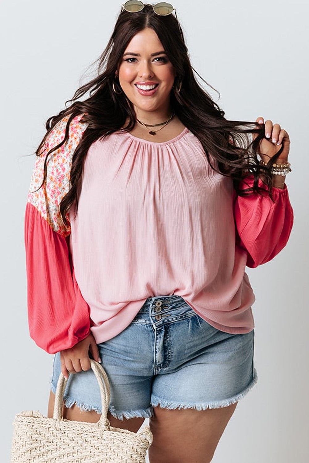 Contrast Floral Patchwork Long Sleeve Plus Size Blouse | Pink