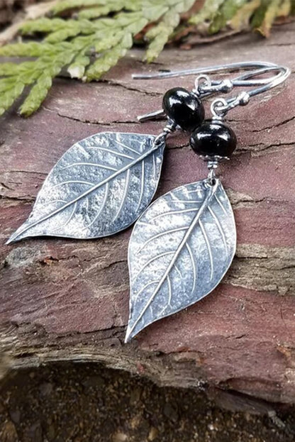 Vintage Leaf Shape Bead Dangle Earrings | Silvery