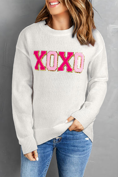 Xoxo Glitter Print Round Neck Casual Sweater | White