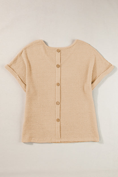 Textured Knit Button Back Cuffed Sleeve Tee | Oatmeal