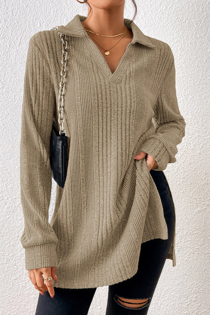 Ribbed Knit V Neck Collared Split Hem Tunic | Apricot