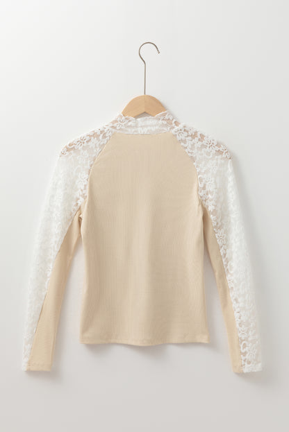 Floral Lace Patchwork Long Sleeve High Neck Slim Top | Beige