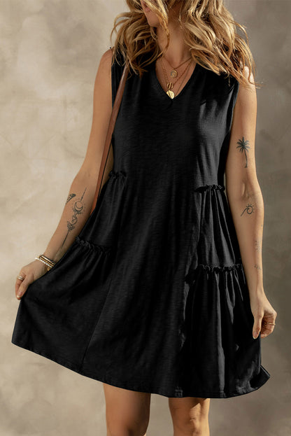 Split V Neck Tiered Flowy Sleeveless Dress | Black