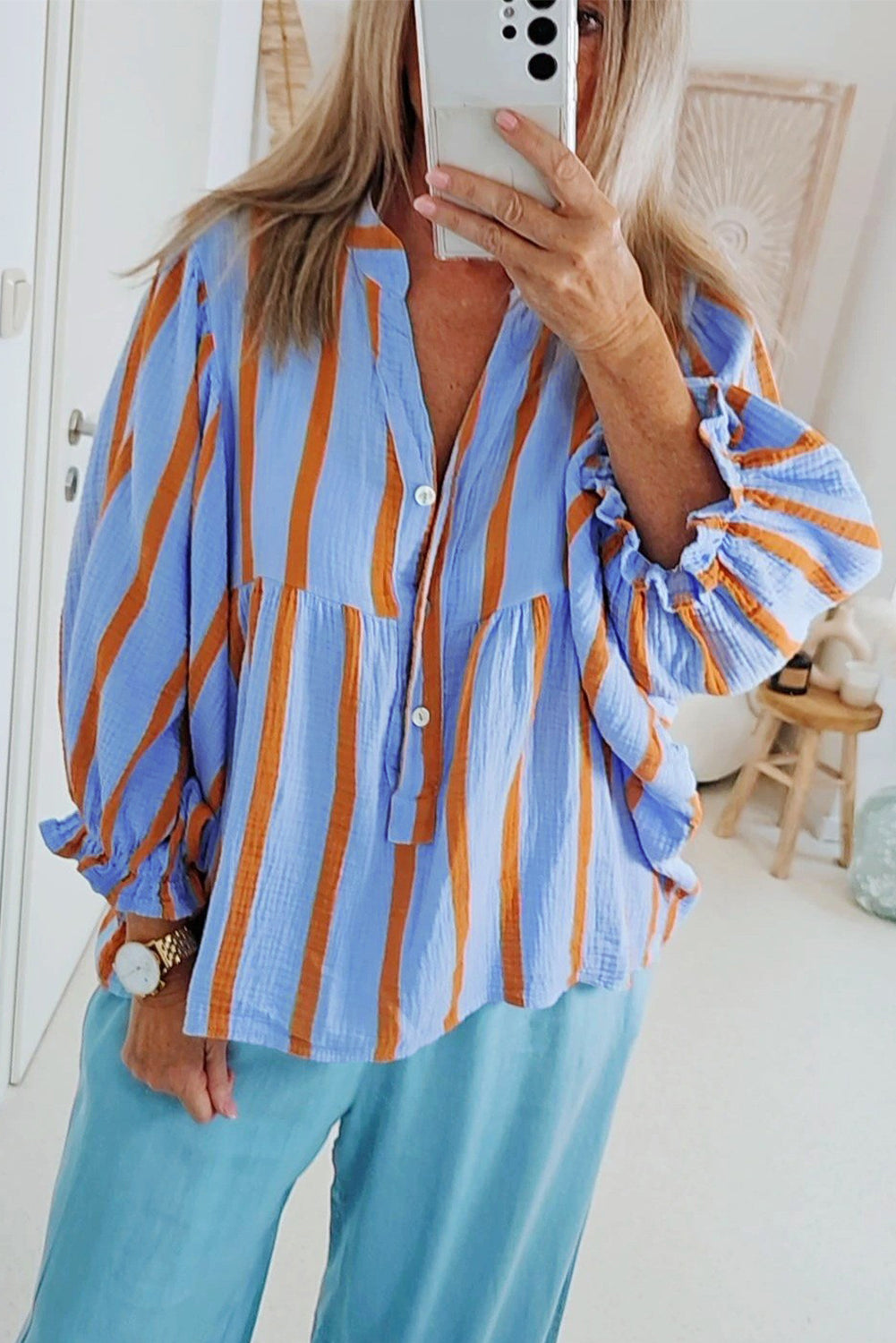 Crinckled Ruffled Sleeve Button Up Loose Shirt | Sky Blue Stripe