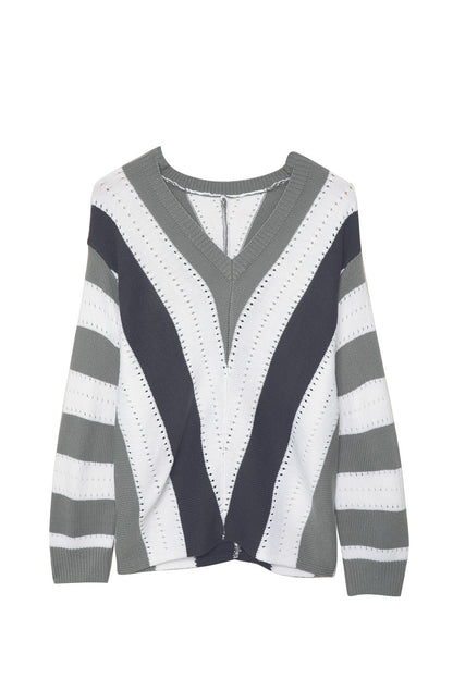 Striped Colourblock V Neck Knitted Sweater | Gray