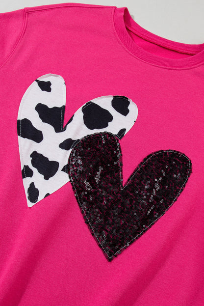 Cow & Sequin Double Heart Patch Graphic Sweatshirt | Strawberry Pink