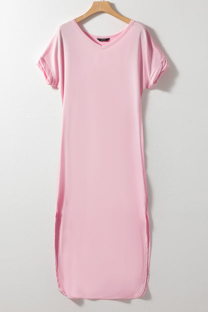 V Neck Hidden Pocket Splits Maxi T-Shirt Dress | Pink