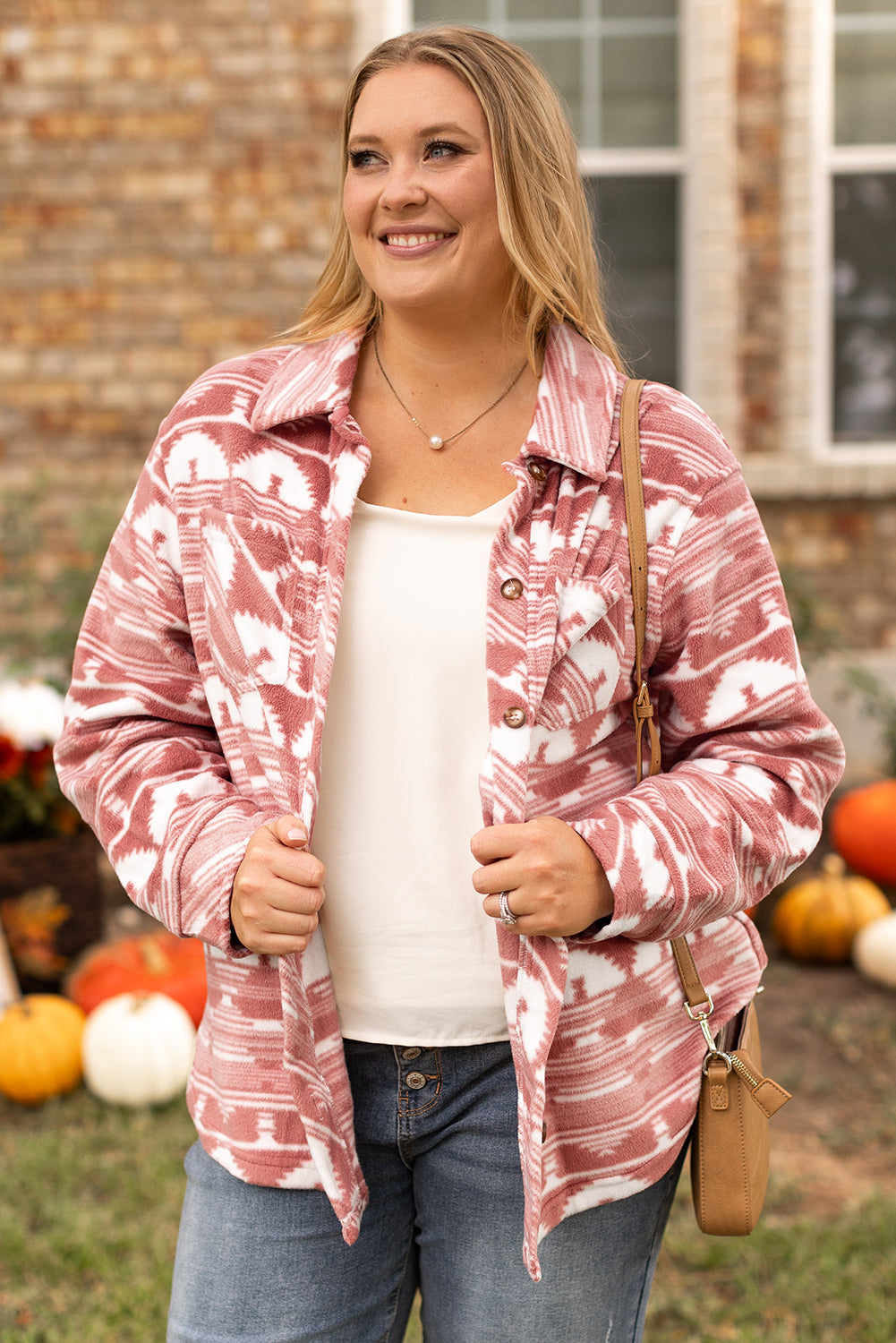 Plus Size Aztec Print Chest Pocket Shacket | Pink