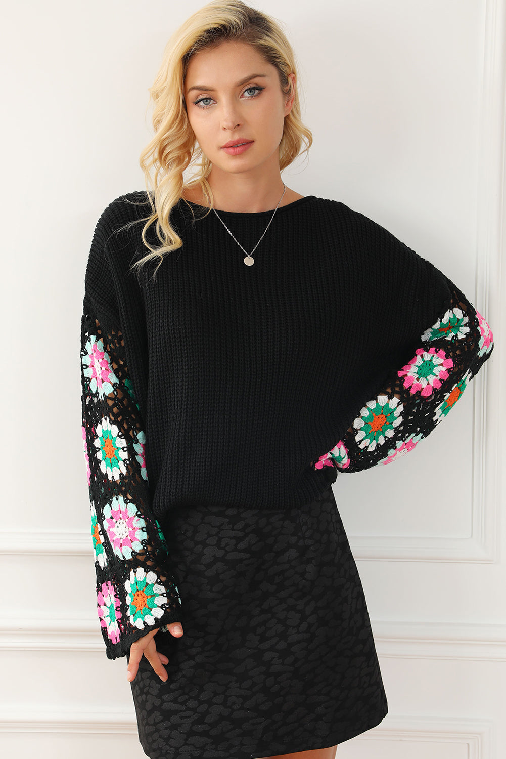 Floral Crochet Bell Sleeve Loose Sweater | Black