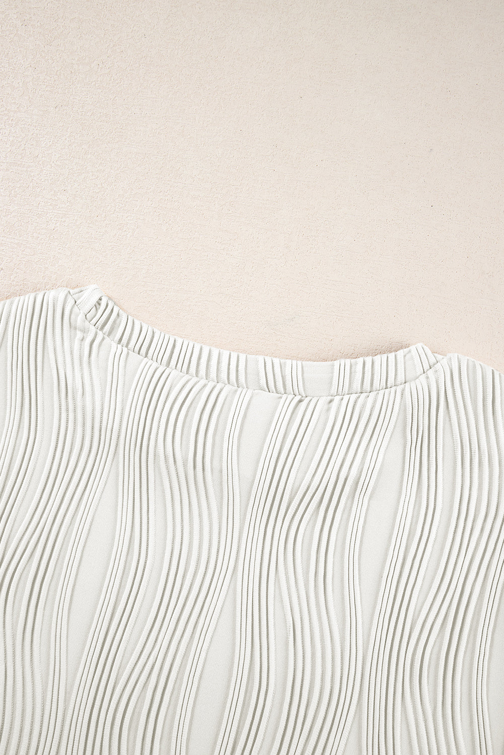 Textured Wavy Round Neck Long Sleeve Top | White