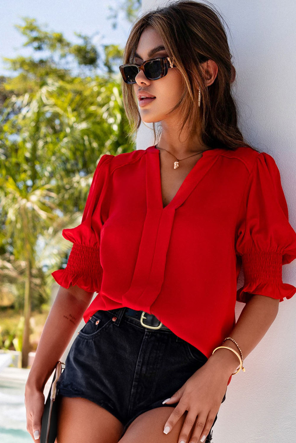 Fiery  Solid Colour Half Sleeve V Neck Blouse | Red