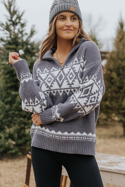 Western Geometric Printed Quarter Zip Pullover Sweater | Gray