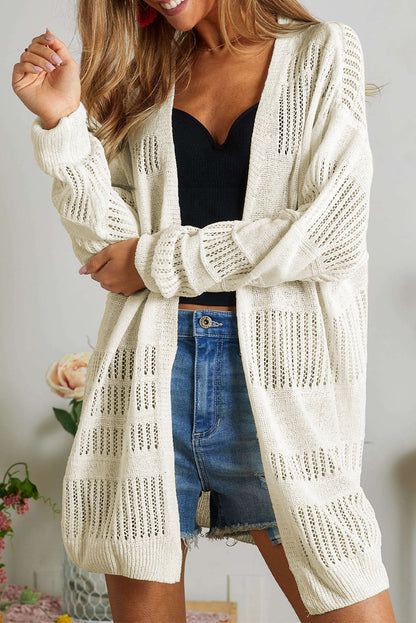 Solid Colour Lightweight Open Knit Tunic Cardigan | White