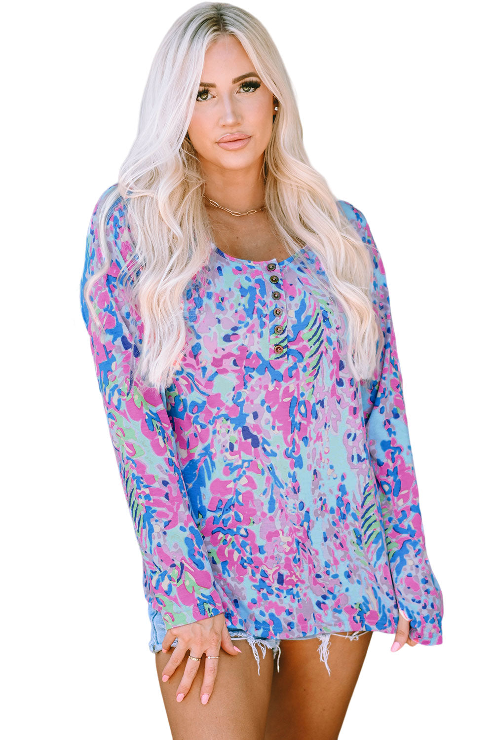 Printed Wide Neck Thumbhole Sleeve Henley Top | Multicolour