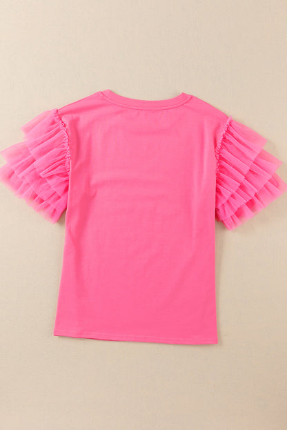 Tulle Ruffle Sleeve Blouse | Pink