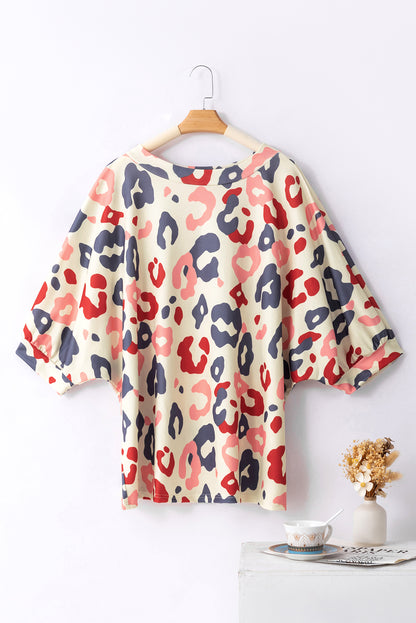 Colourful Leopard Print Batwing Sleeve Plus Blouse | White