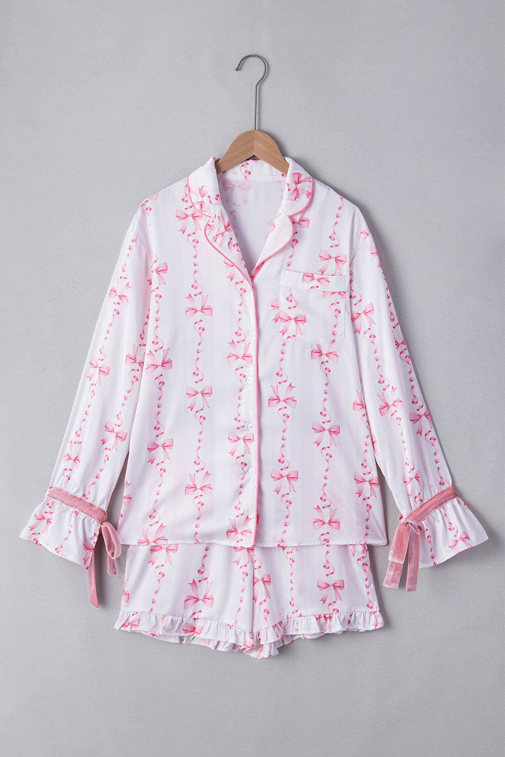 Satin Bow Bell Sleeve Shirt And Ruffled Shorts Pajama Set | Pink