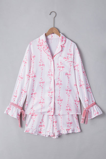 Satin Bow Bell Sleeve Shirt And Ruffled Shorts Pajama Set | Pink