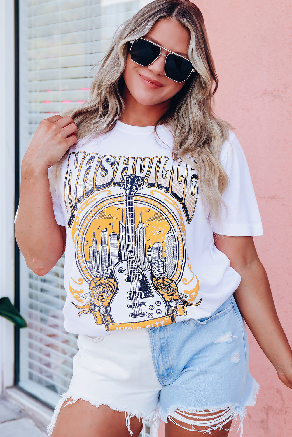 Music City Nashville Guitar Graphic T Shirt | White