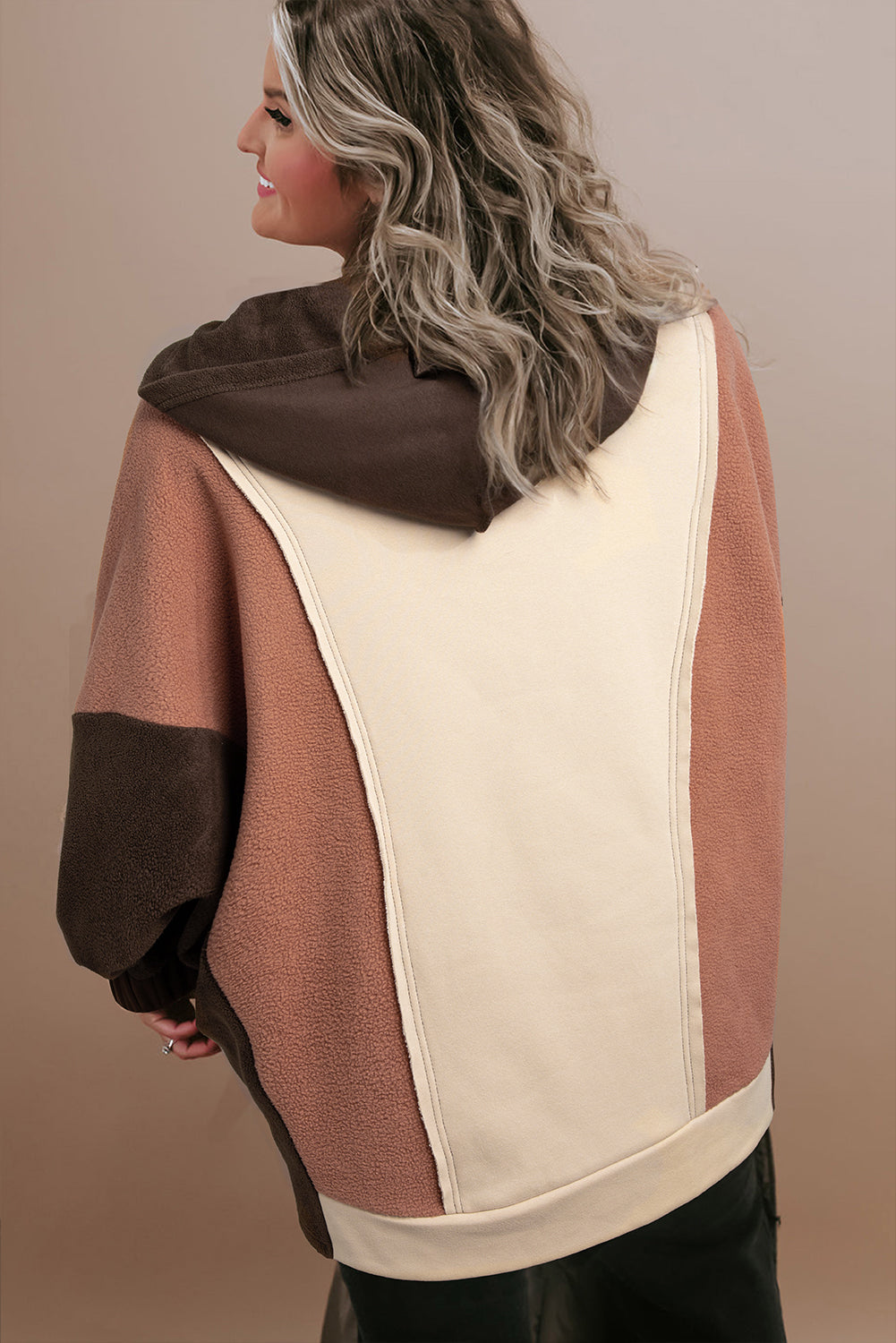 Exposed Seam Colourblock Plus Size Hoodie | Brown