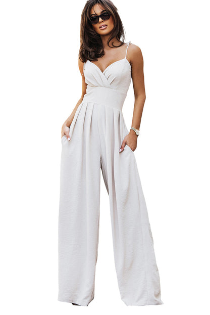 Spaghetti Straps Pleated High Waist Wide Leg Jumpsuit | Beige