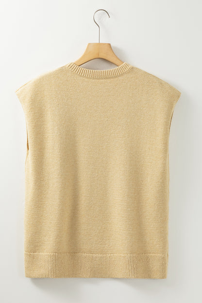 Solid Colour Ribbed Trim Short Sleeve Sweater | Parchment