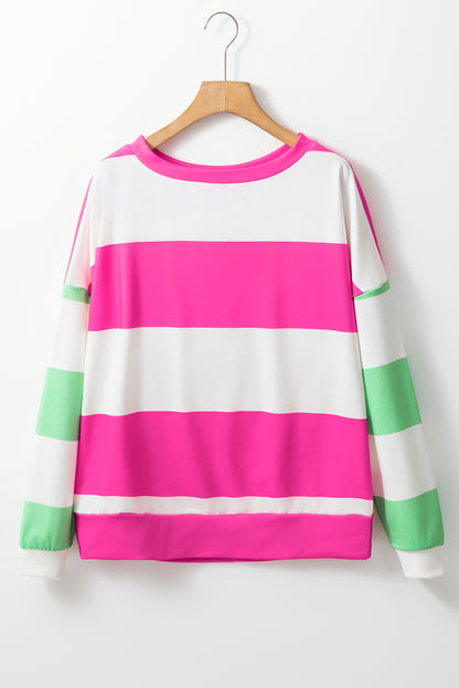 Colourblock Striped Drop Shoulder Long Sleeve Top | Rose Red