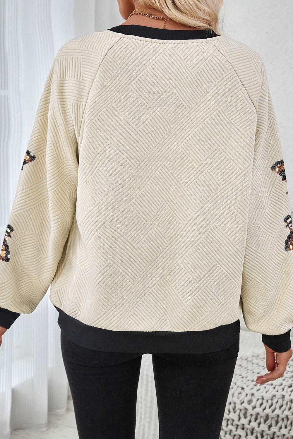 Textured Colourblock Edge Sequin Turkey Graphic Long Sleeve Top | Jet Stream