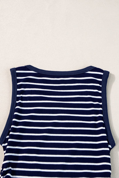 Contrast Round Neck Sleeveless Slim Top | Blue Stripe