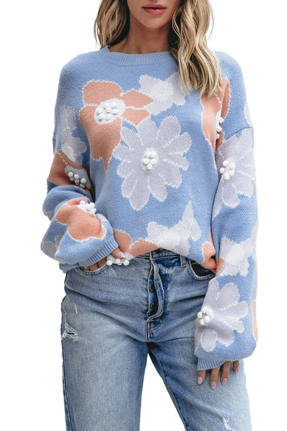 Floral O Neck Drop Shoulder Knitted Sweater | Beau Blue