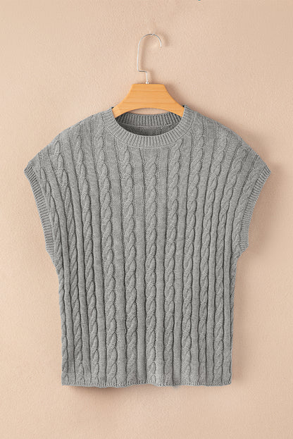 Crew Neck Cable Knit Short Sleeve Sweater | Gray