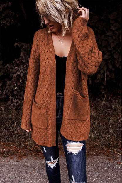 Open Front Woven Texture Knitted Cardigan With Pockets | Brown