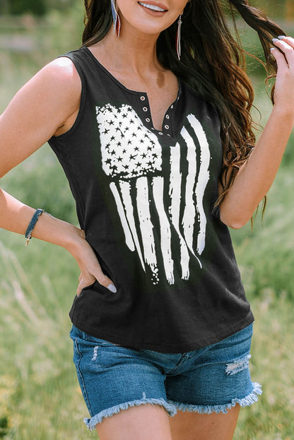 Black USA Flag Graphic Split V Neck Tank Top