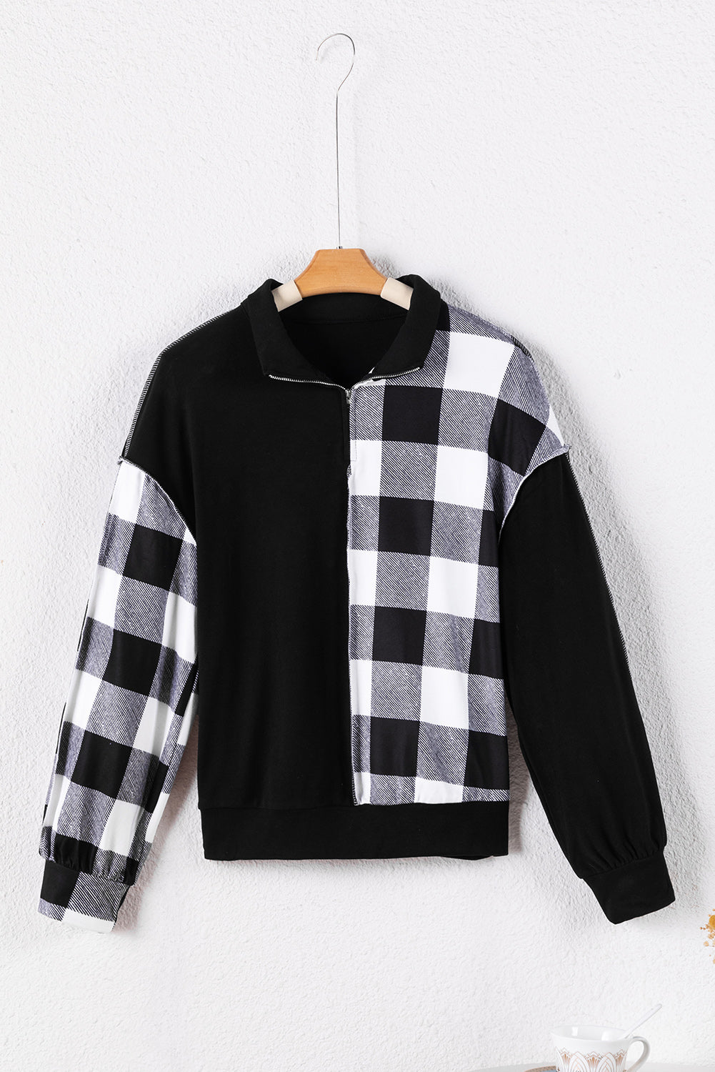 Checkboard Patchwork Exposed Stitching Collared Top | Black