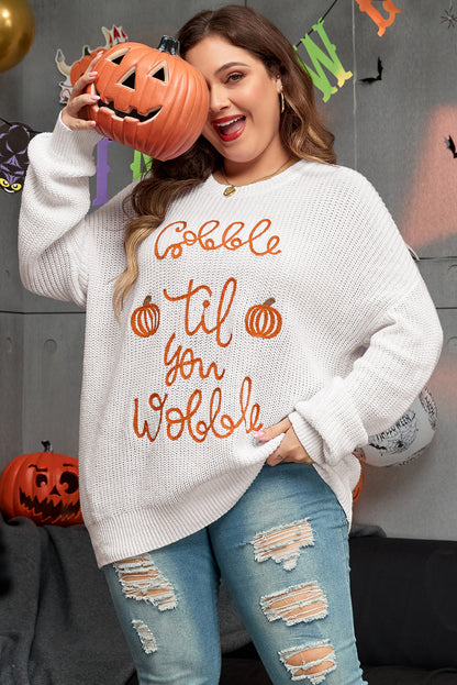 Gobble Til You Wobble Pop Up Crochet Plus Size Sweater | White