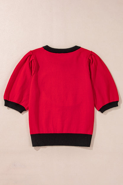 Sequin Rugby Colour Block Puff Short Sleeve Sweater | Red