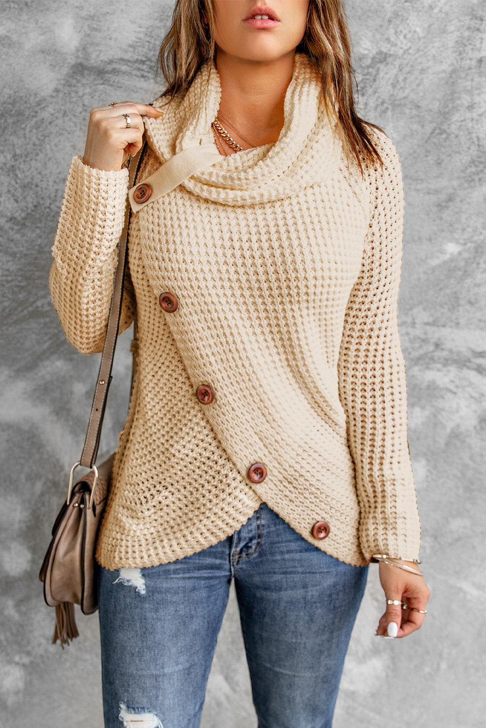 Beige Buttoned Wrap Turtleneck Sweater