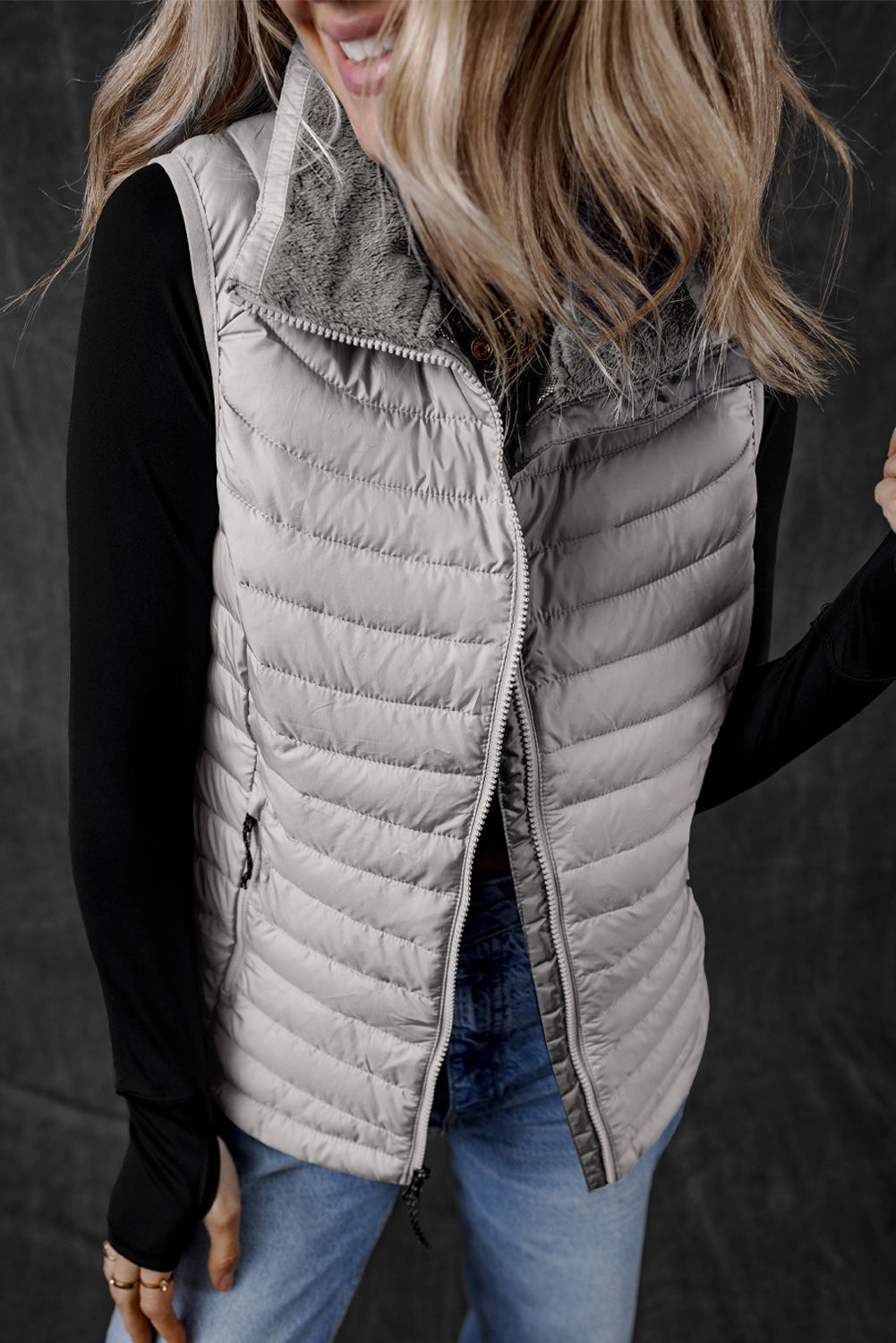 Silvery Plush Collared Quilted Zipped Puffer Vest