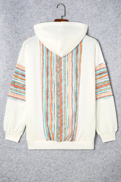 Striped Patchwork V Neck Drop Shoulder Knit Hoodie | Multicolour