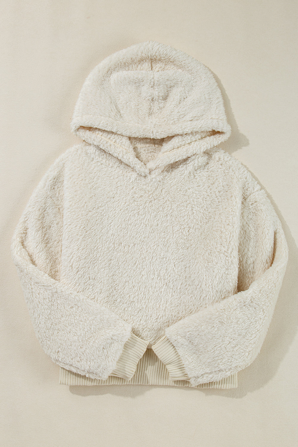 Contrast Ribbed Edge Plush Hoodie | White