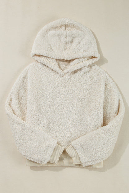 Contrast Ribbed Edge Plush Hoodie | White