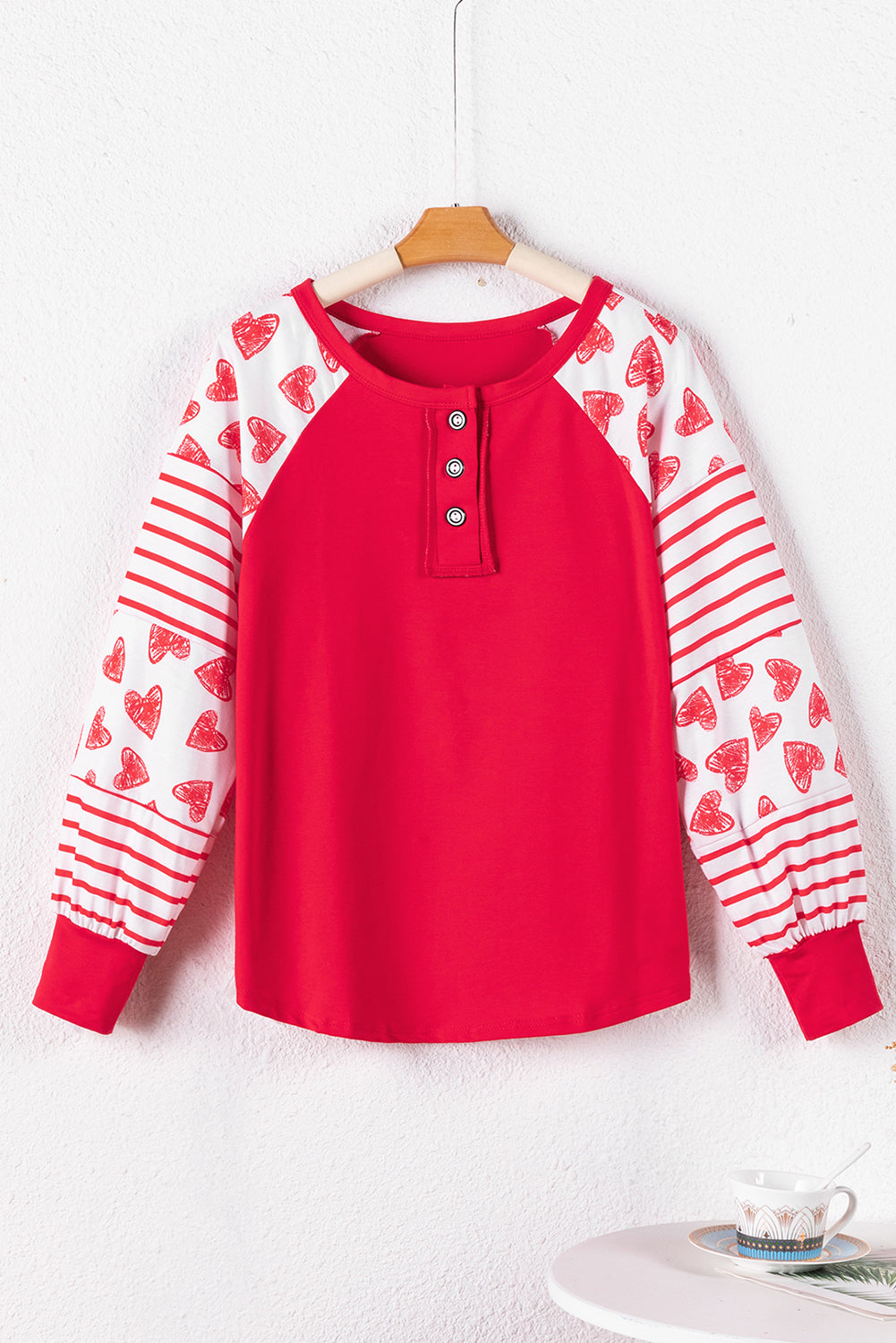 Heart Striped Raglan Sleeve Henley Top | Fiery Red