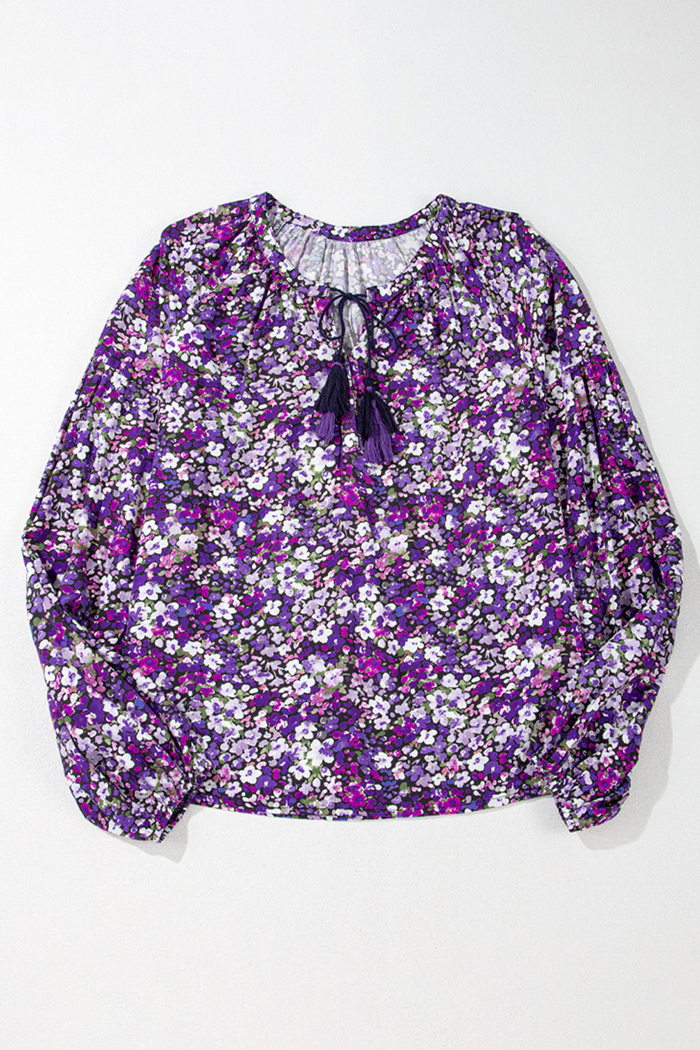 Boho Flower Split V Neck Bubble Sleeve Blouse | Purple