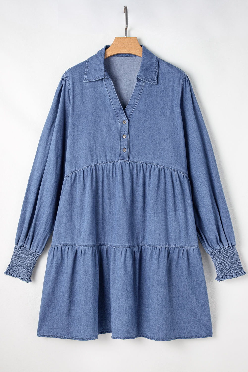 Smocked Cuff Buttoned Tiered Denim Mini Dress | Dusk Blue