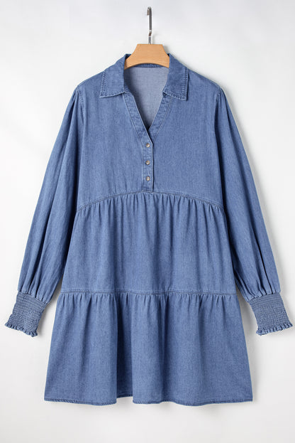 Smocked Cuff Buttoned Tiered Denim Mini Dress | Dusk Blue