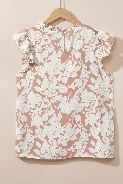 Floral Print Ruffle Short Sleeve Blouse | Khaki