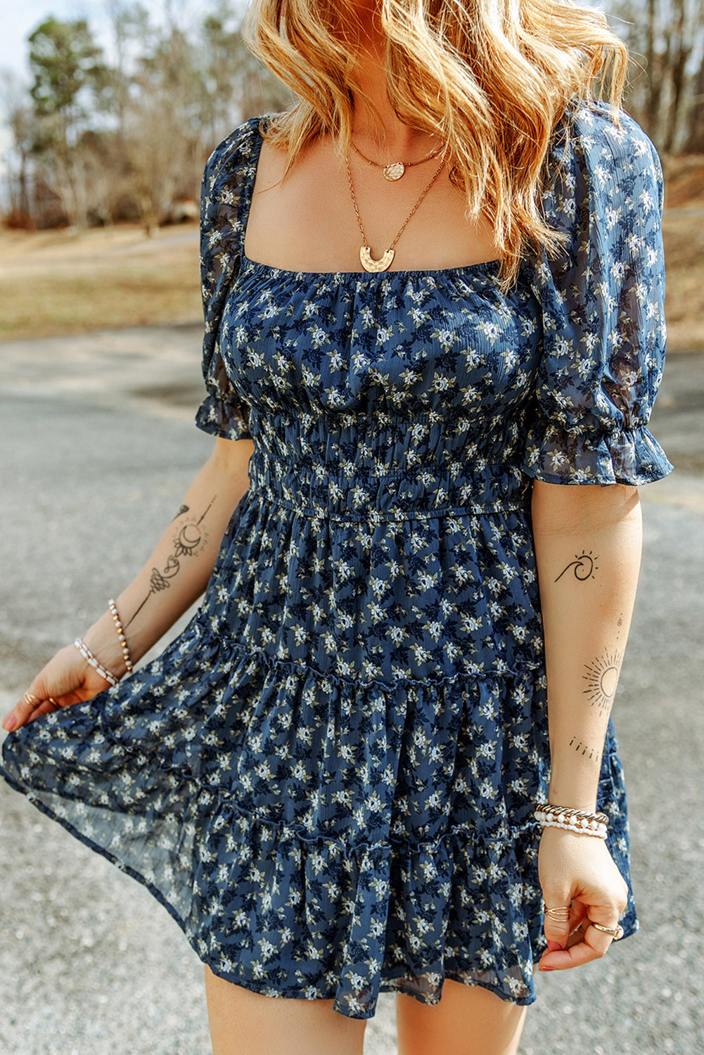 Floral Smocked Tiered Ruffle Short Dress | Sail Blue